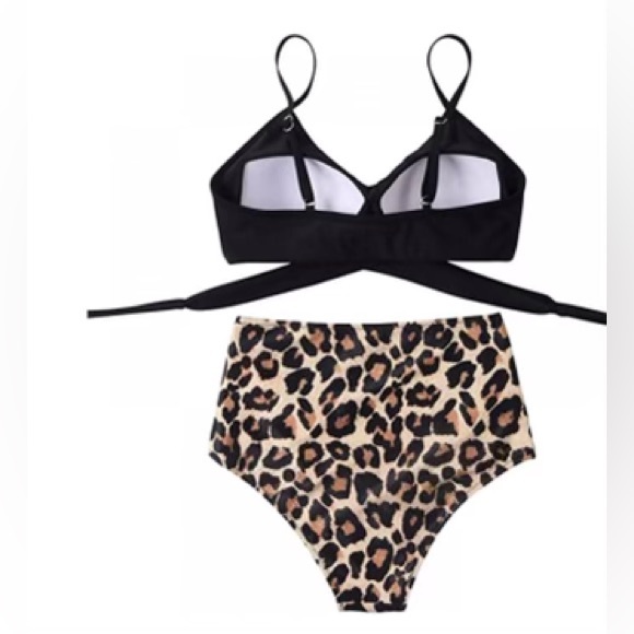 Women Bikini Criss Cross High Waisted String Black & Leopard Printed Sexy Solid - Picture 2 of 4